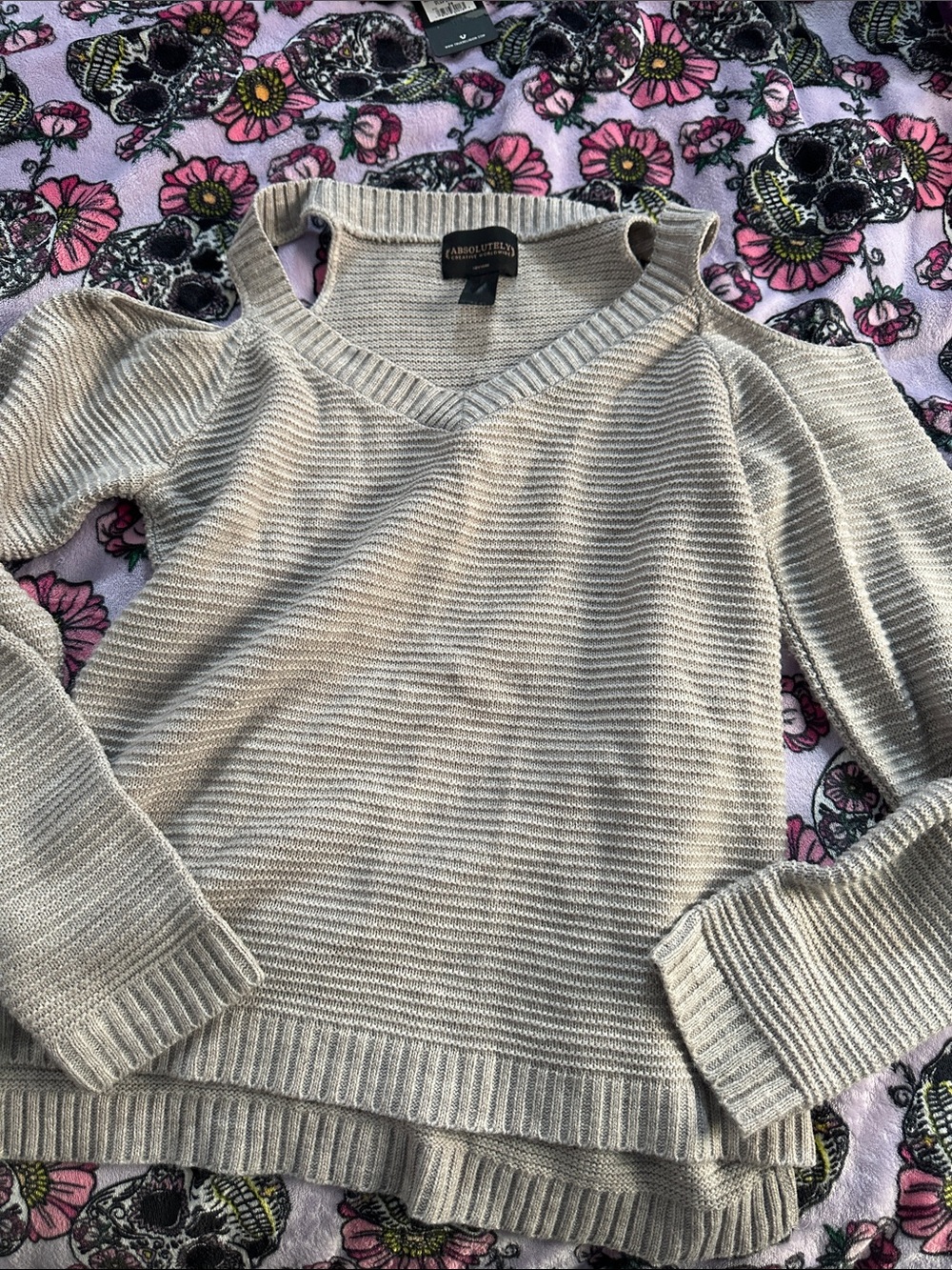 Absolutely Cold-Shoulder V-Neck Sweater in Taupe
